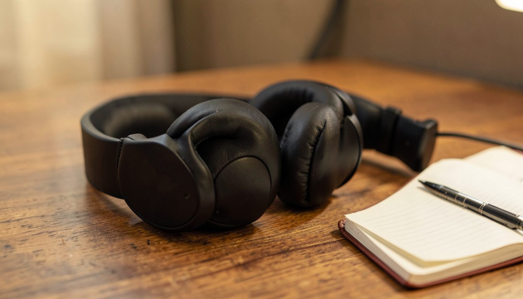 A pair of headphones resting on a wooden desk beside a notebook, warm and quiet in mood